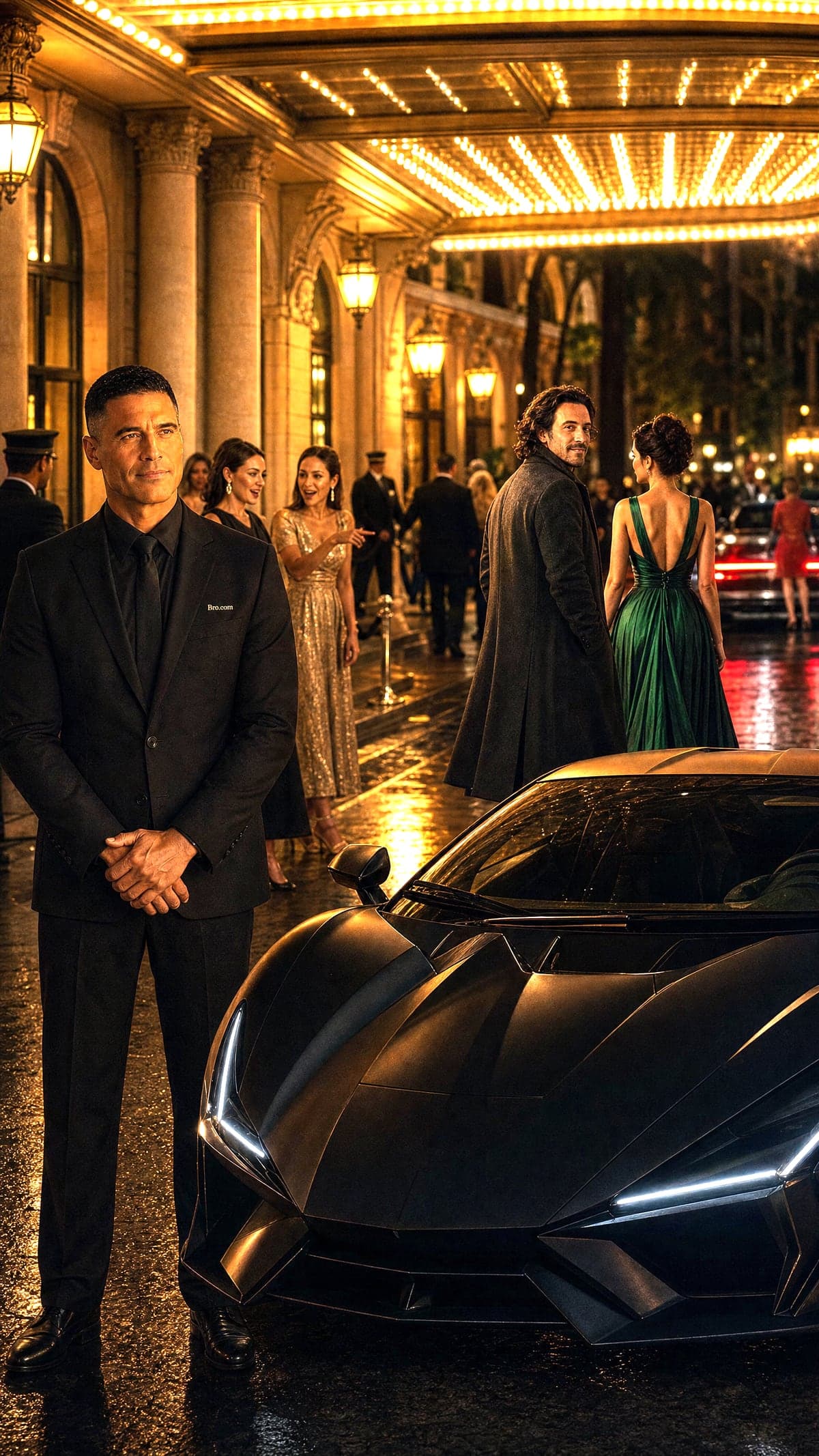 A Bro.com protection professional meeting a couple arriving at a casino entrance at night.