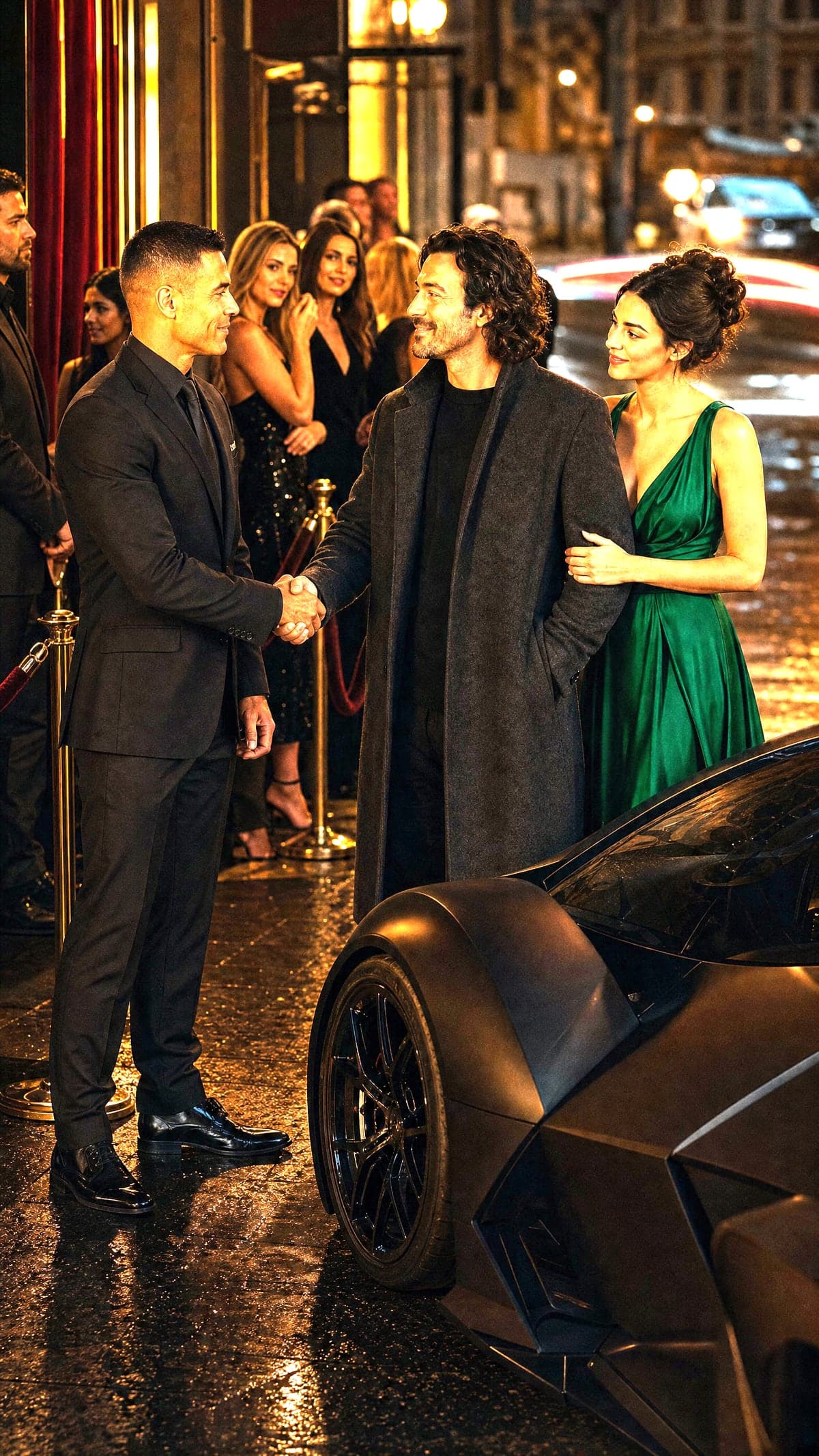 A Bro.com protection professional on station beside a hypercar outside a velvet-roped club entrance at night.