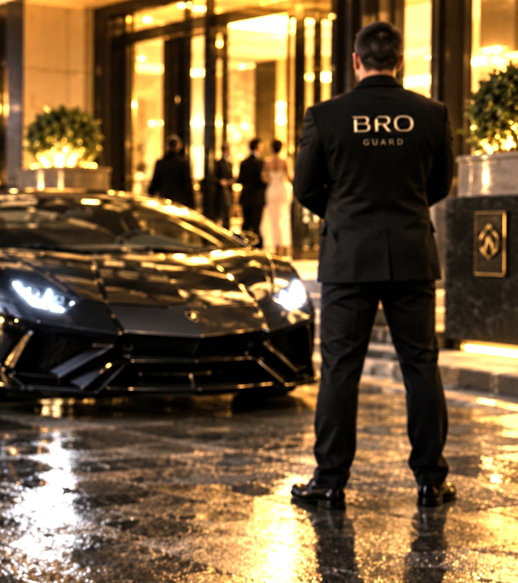 A protection professional on watch beside a hypercar at an illuminated hotel entrance at night.