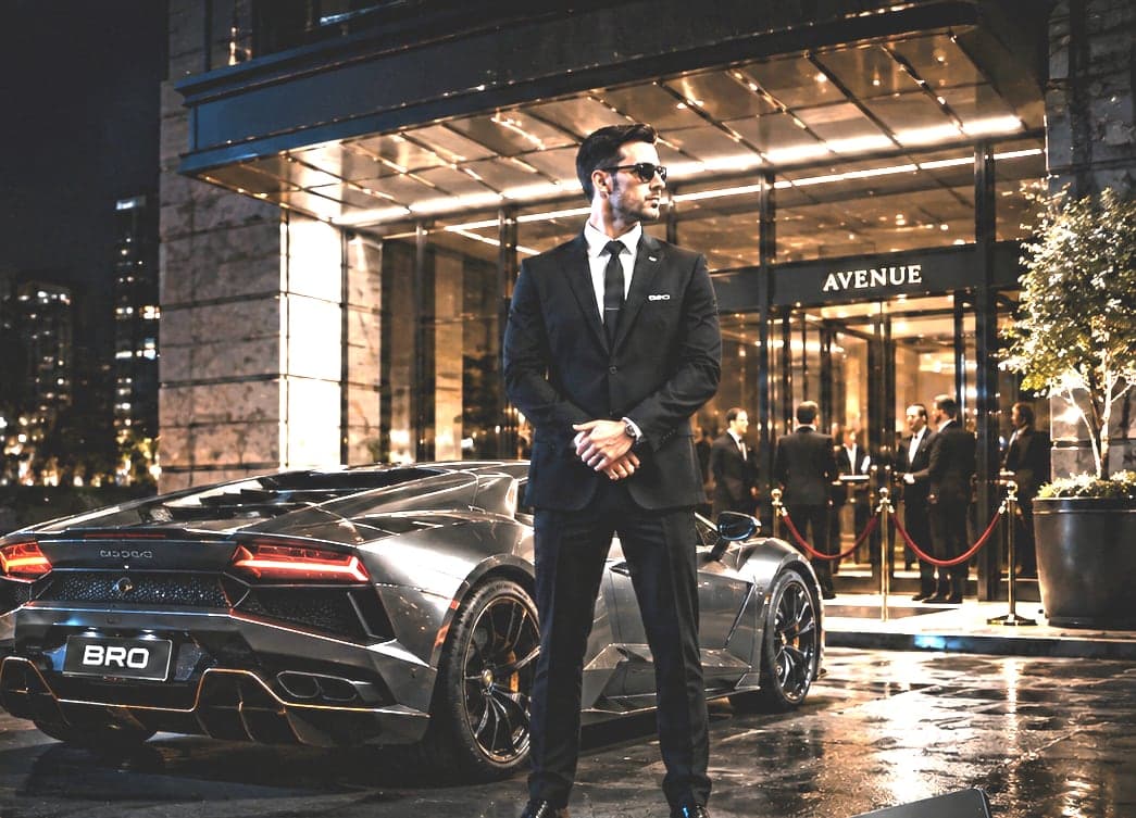 A BRO protection professional on watch beside a supercar at a hotel entrance.
