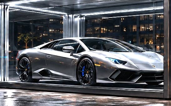 A supercar secured inside a glass BRO Vault against a city skyline at night.