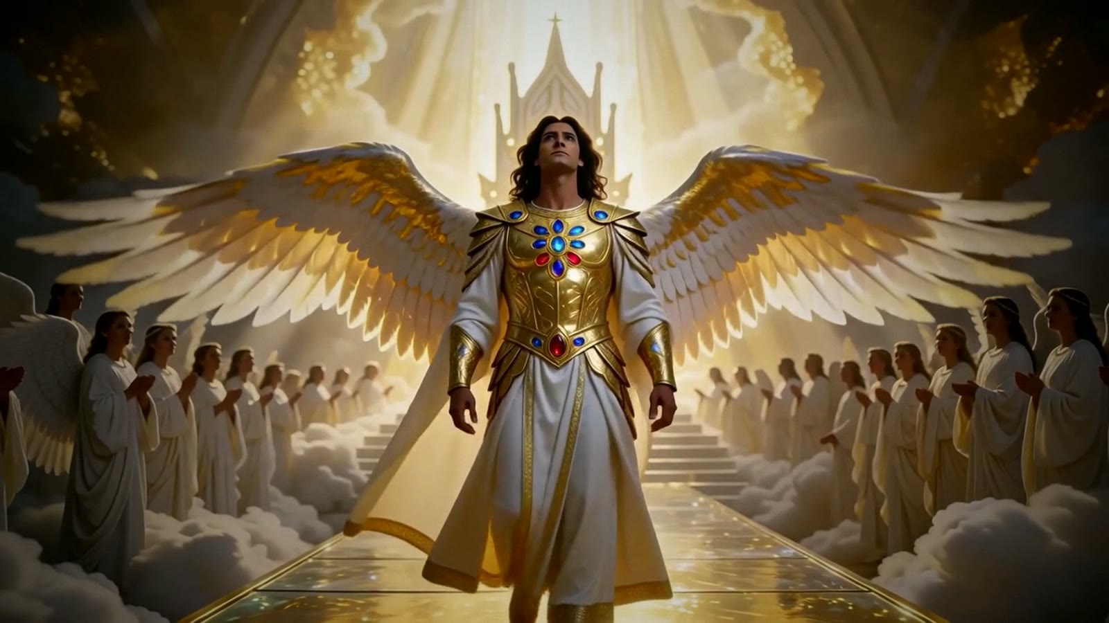 UNVEILED WAR trailer poster: an archangel in gold armor before the gates of heaven