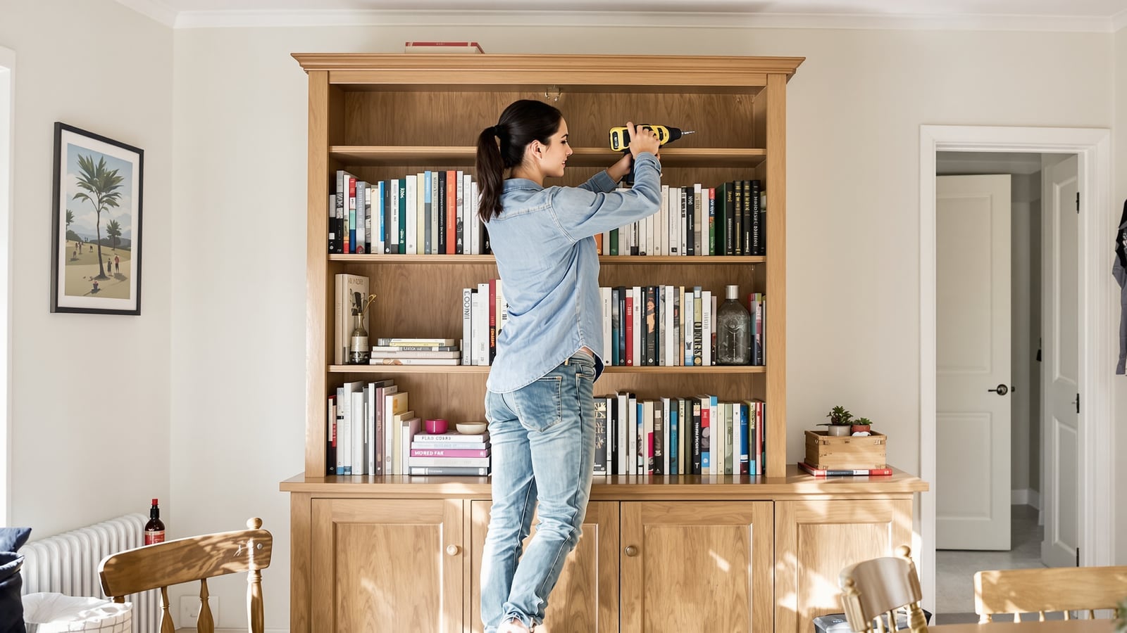 Get under the table, then bolt the bookcase to the wall