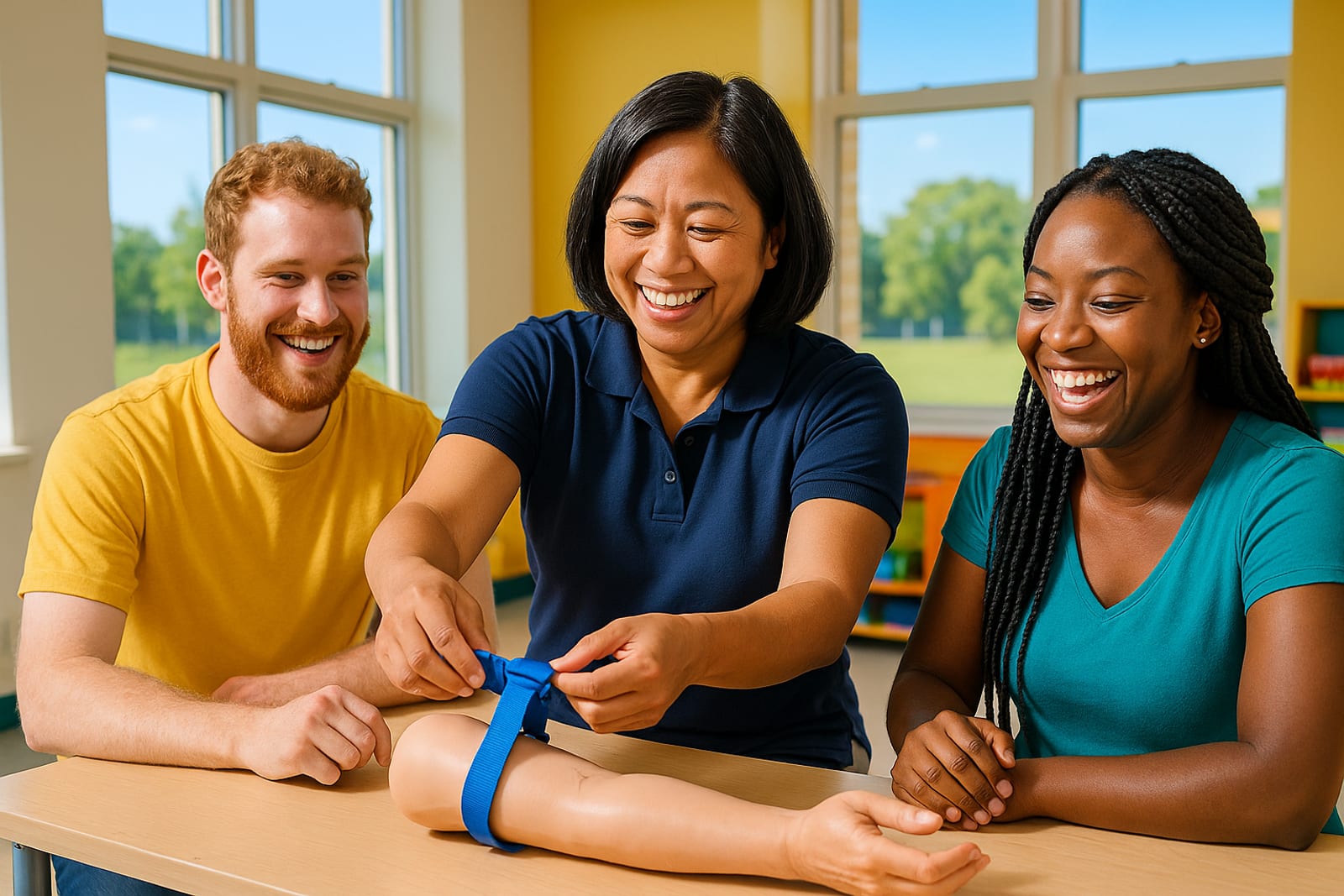 An instructor showing students how to apply a tourniquet on a training arm