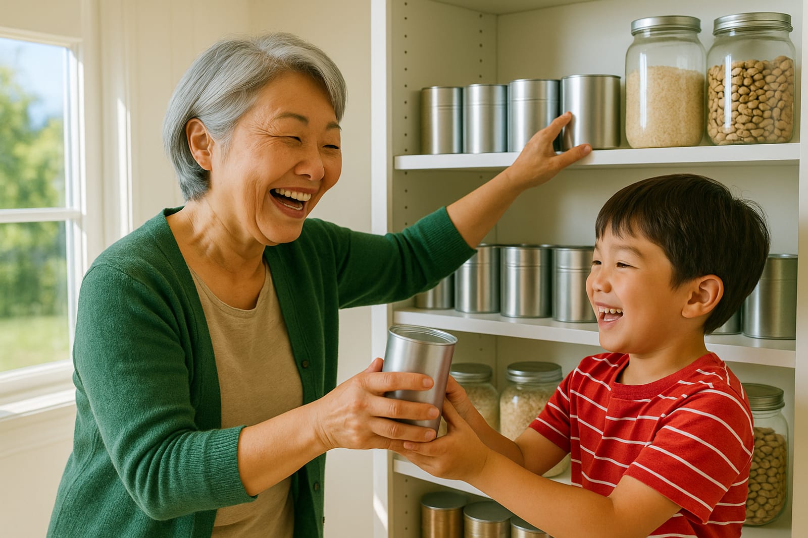 A woman rotating canned goods on a well-organised pantry shelf