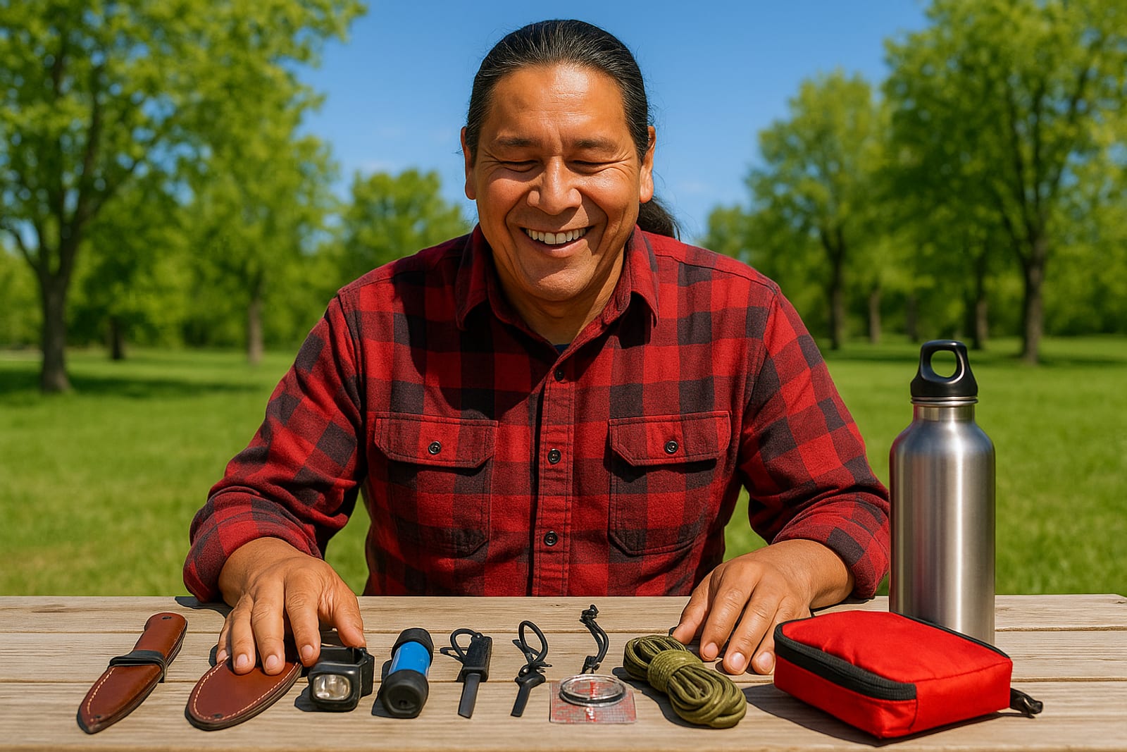 Quality outdoor gear laid out on canvas: knife, headlamp, water filter, compass and first-aid pouch