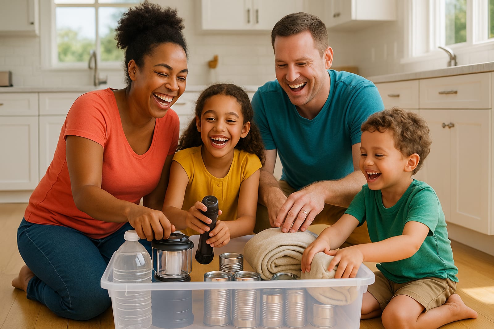 A family kneeling on the kitchen floor packing an emergency supply bin together