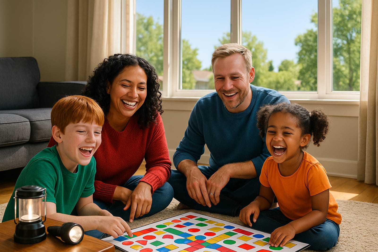 A family playing a board game by lantern light during a power outage