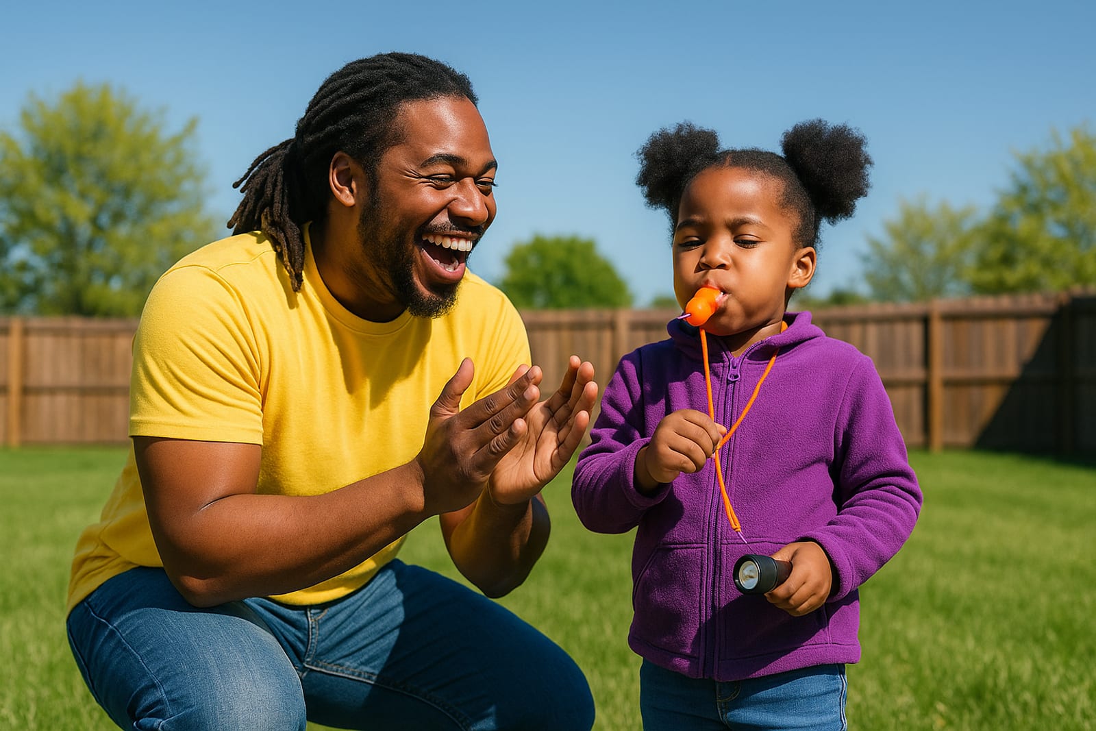 A mother teaching her son to blow an emergency whistle in the backyard