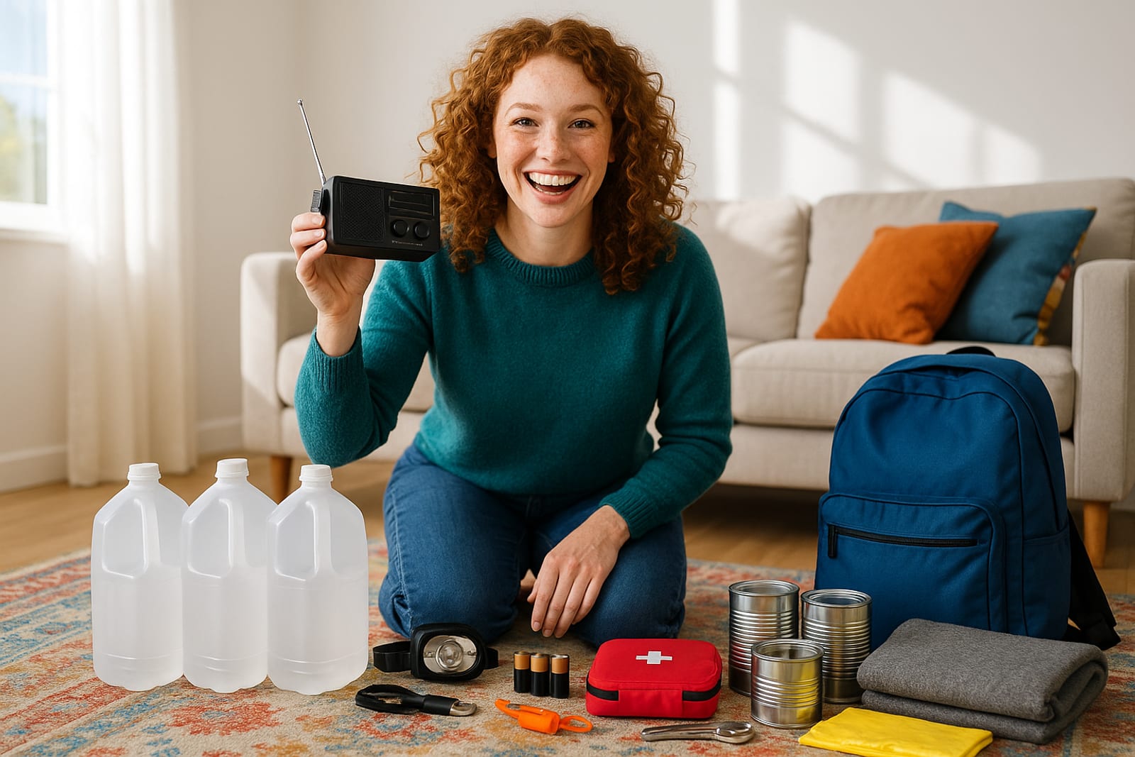 A 72-hour emergency kit laid out on a wooden floor: water, radio, headlamp, first-aid kit and food