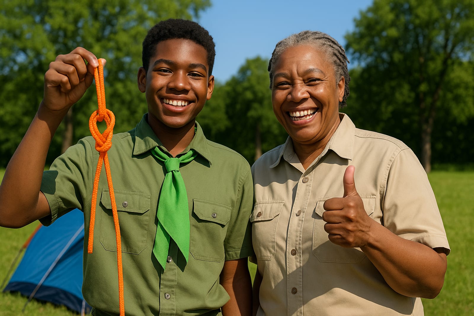 Hands tying a bowline knot in orange climbing rope