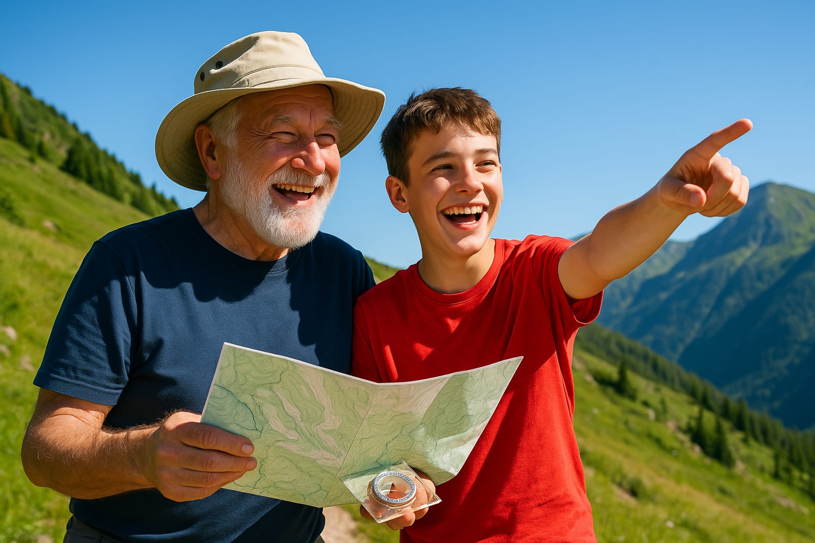 A father and daughter reading a paper map with a compass on a mountain trail