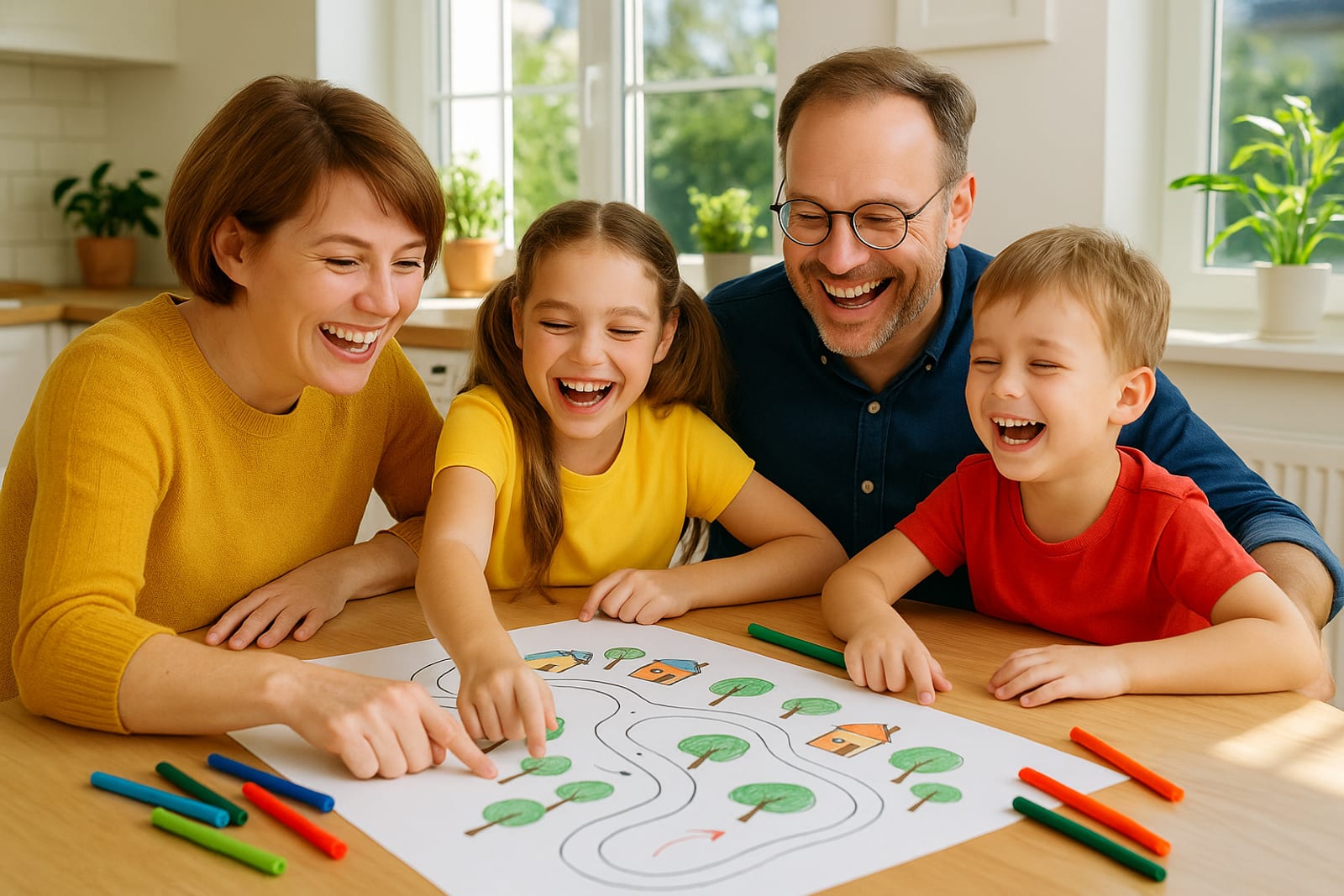 A family around the kitchen table writing their emergency plan