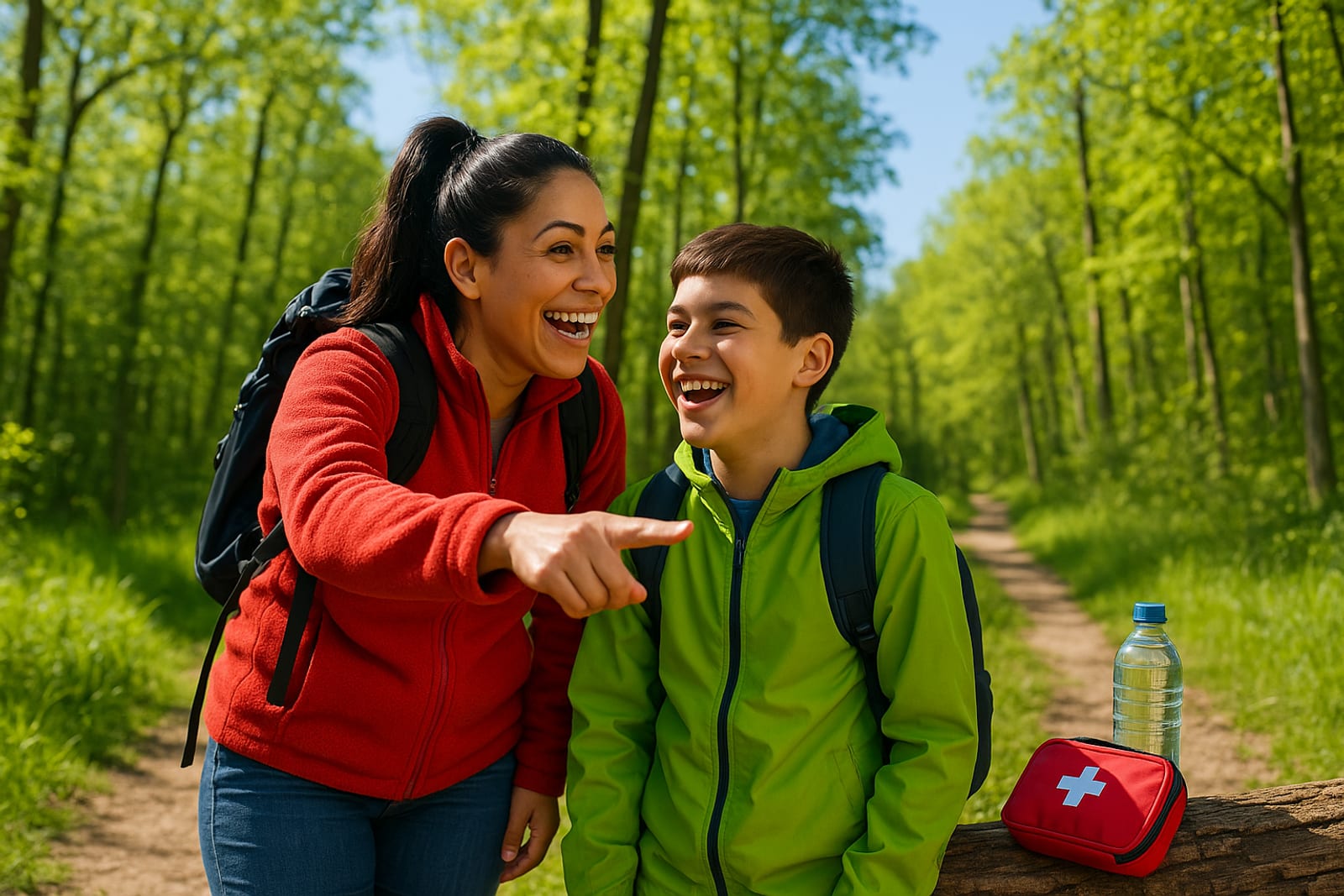 A father calmly checking a small scrape on his son's knee with a first-aid kit on a trail