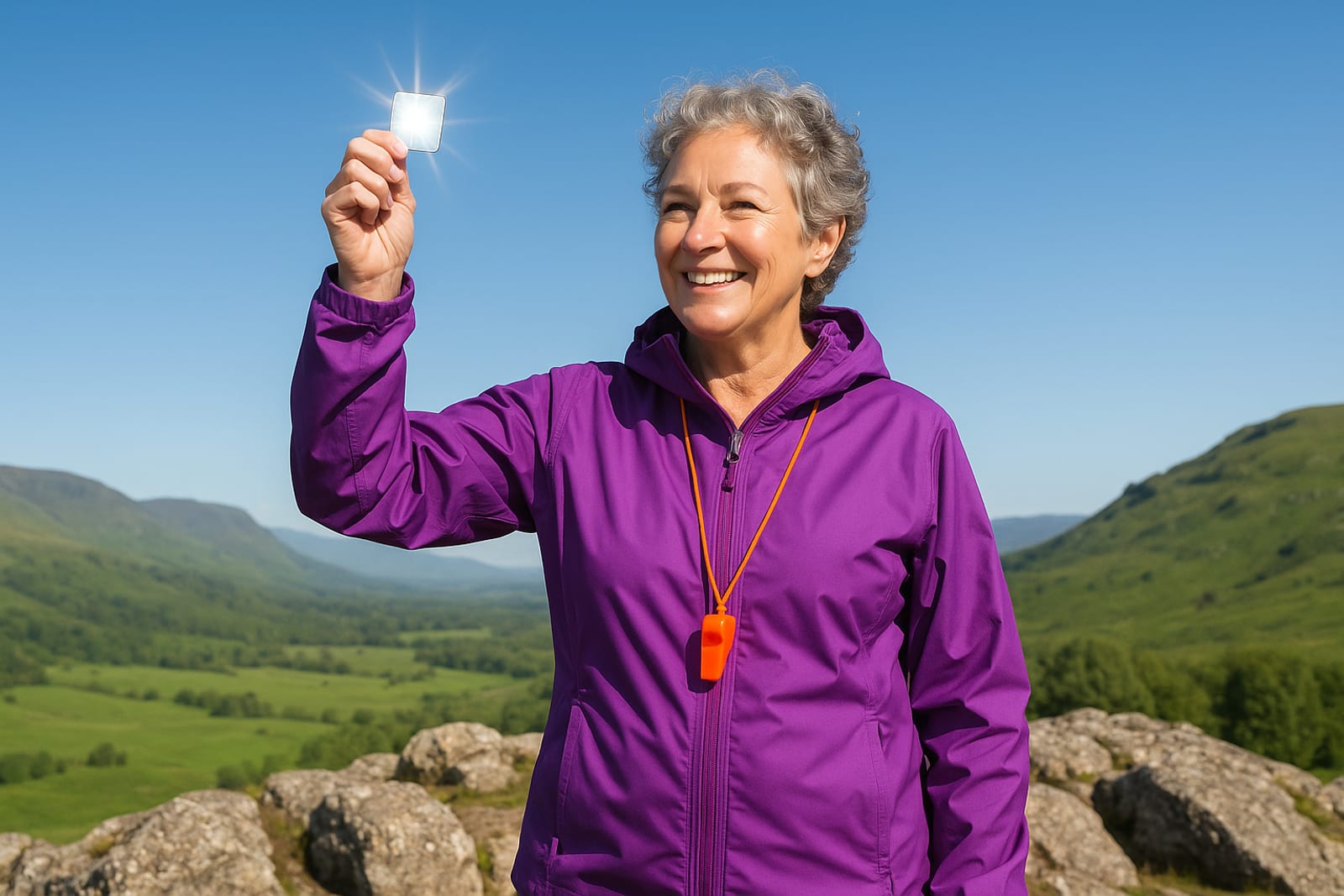 A hiker flashing a signal mirror from a rocky outcrop