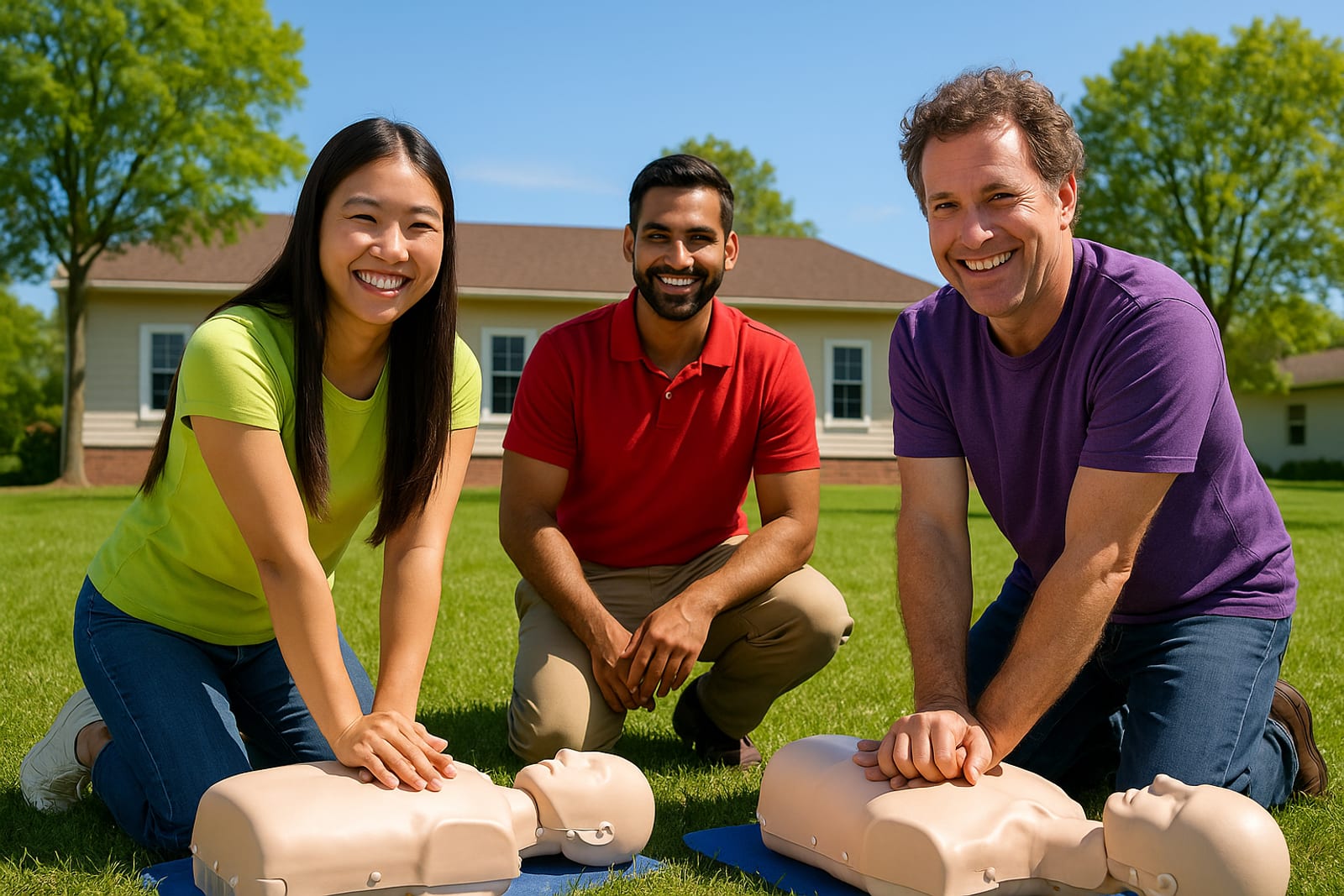 Adults practising CPR on training mannequins in a community class