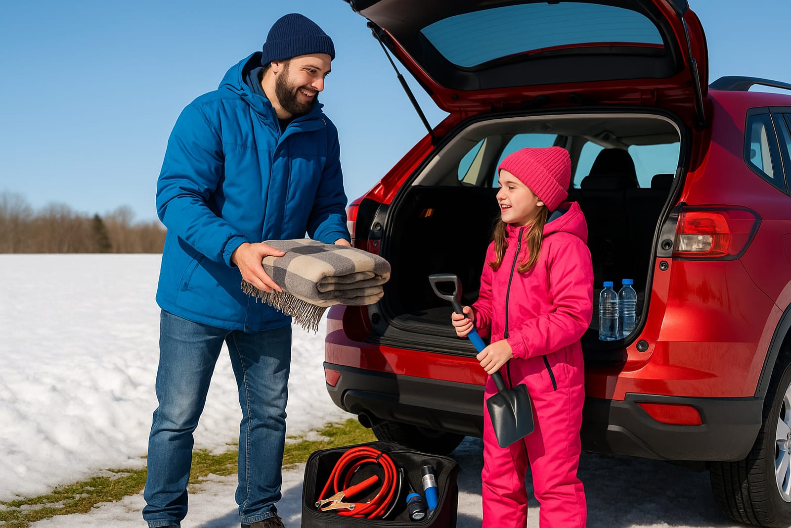 A winter car emergency kit in the back of an SUV on a snowy road