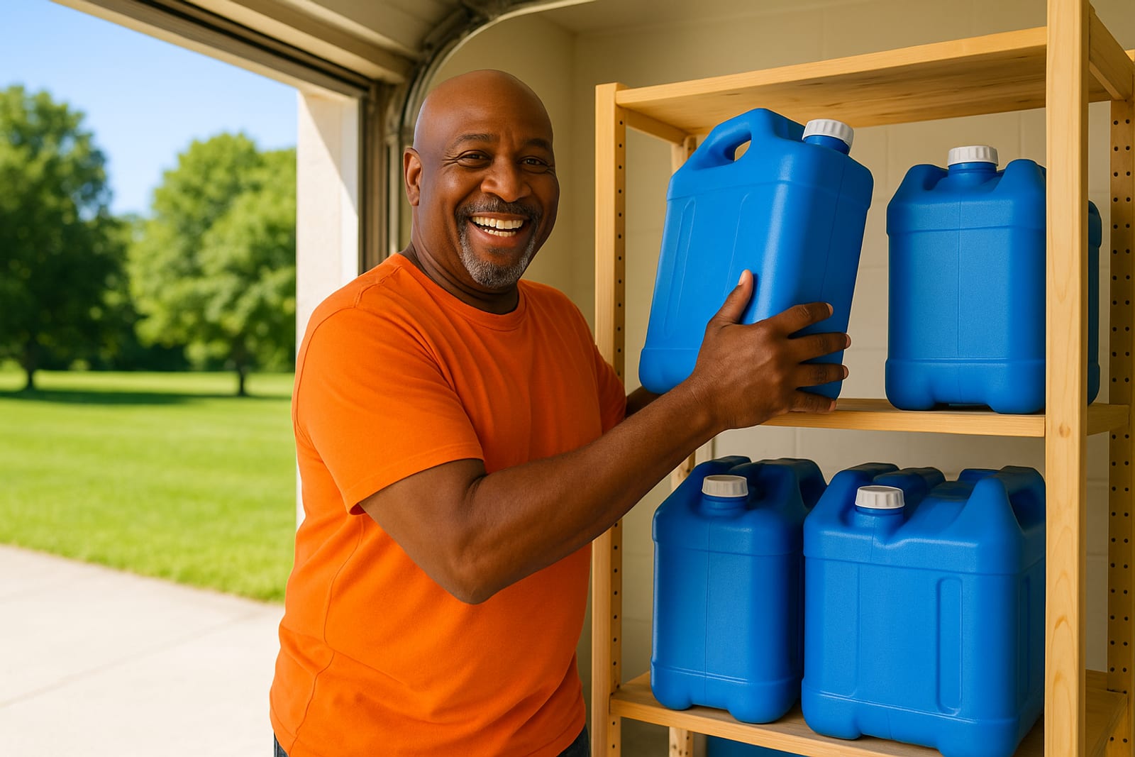 A man lifting a water storage container onto a garage shelf