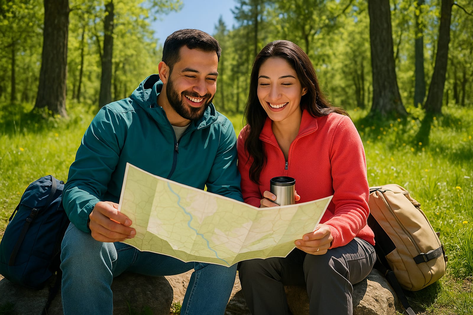 A hiker sitting calmly on a rock studying a map before moving