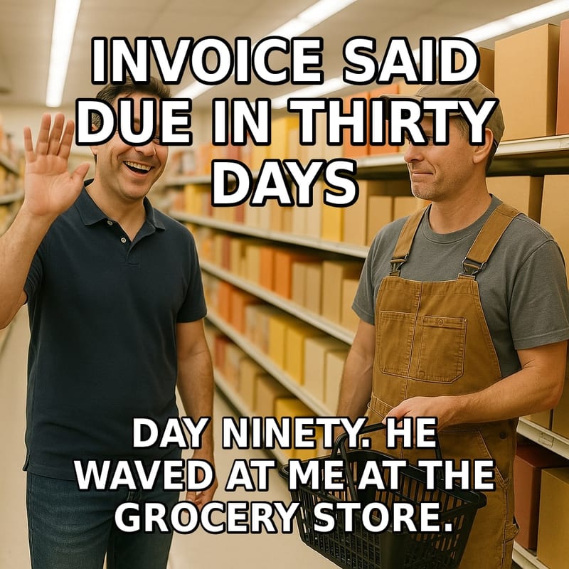 In a grocery aisle a cheerful man waves while a contractor holding a basket answers with a tight, strained smile. Caption: "Invoice said due in thirty days Day ninety. He waved at me at the grocery store."