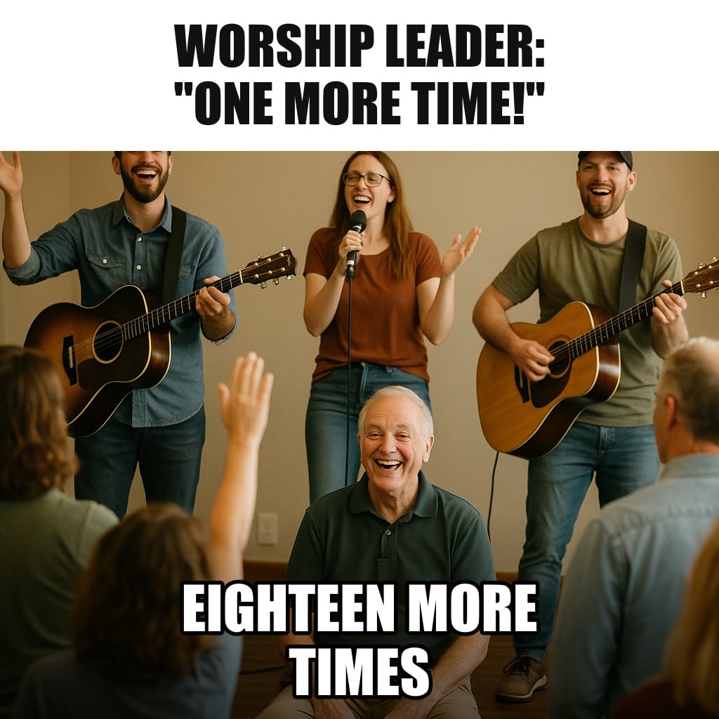 A cheerful worship team on a small church stage with guitars, and a congregation standing and singing, one older man in the front row smiling and sitting down to rest his legs. Caption: "Worship leader: "One more time!" Eighteen more times"