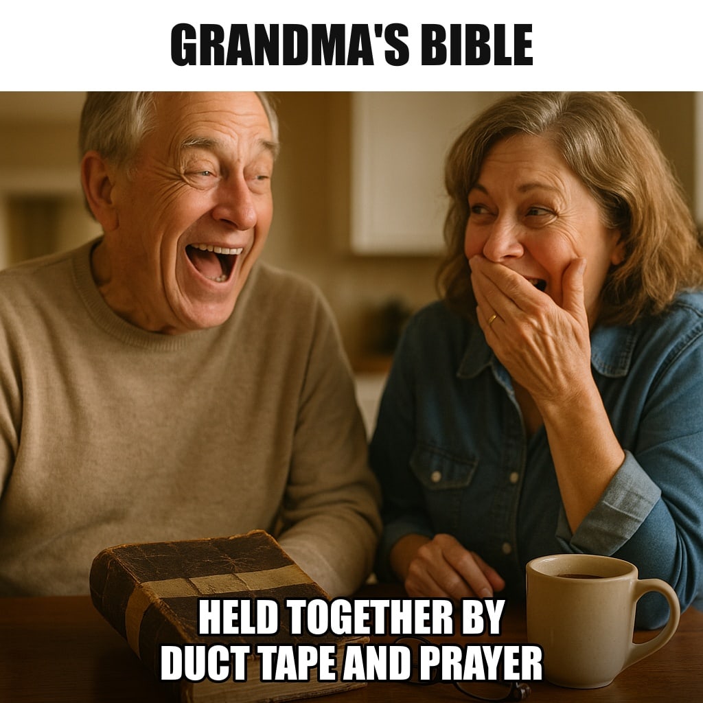 An old worn leather Bible on a kitchen table held together with strips of tape, a pair of reading glasses and a cup of coffee beside it, warm morning light. Caption: "Grandma's Bible Held together by duct tape and prayer"