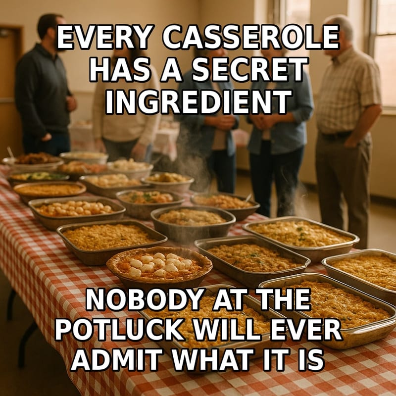 A fellowship hall table filled with homemade casseroles and pies at a church potluck. Caption: "Every casserole has a secret ingredient Nobody at the potluck will ever admit what it is"