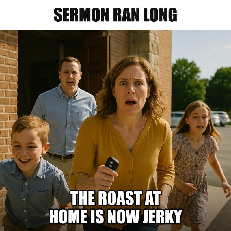 A family hurrying out of church doors into a sunny parking lot, the mom holding her car keys with a look of alarm about the oven at home. Caption: "Sermon ran long The roast at home is now jerky"