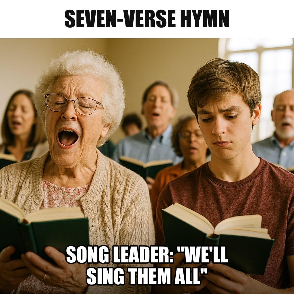 A church congregation holding hymnals and singing, an older lady in front singing with gusto while a teenager beside her checks how many pages are left. Caption: "Seven-verse hymn Song leader: "We'll sing them all""