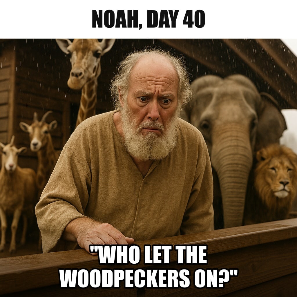 A bearded old man in simple robes standing on the deck of a large wooden ark in the rain, staring worriedly at a small hole in the wooden railing, animals behind him. Caption: "Noah, day 40 "Who let the woodpeckers on?""