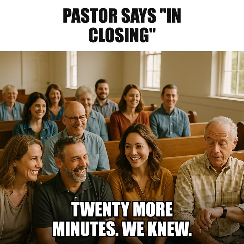 A congregation in wooden pews in a bright country church, several people smiling knowingly at each other, one man glancing at his wristwatch. Caption: "Pastor says "in closing" Twenty more minutes. We knew."