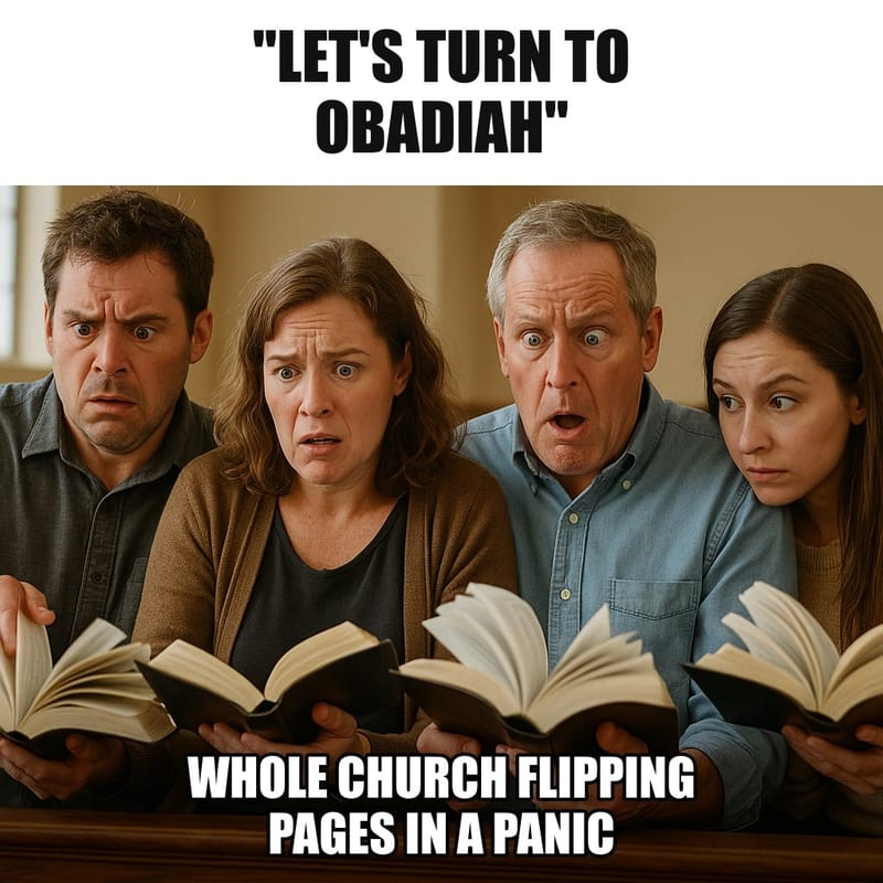 A row of people in a church pew hurriedly flipping through Bibles with slightly panicked faces, pages fanning, one person peeking at the neighbor's. Caption: ""Let's turn to Obadiah" Whole church flipping pages in a panic"