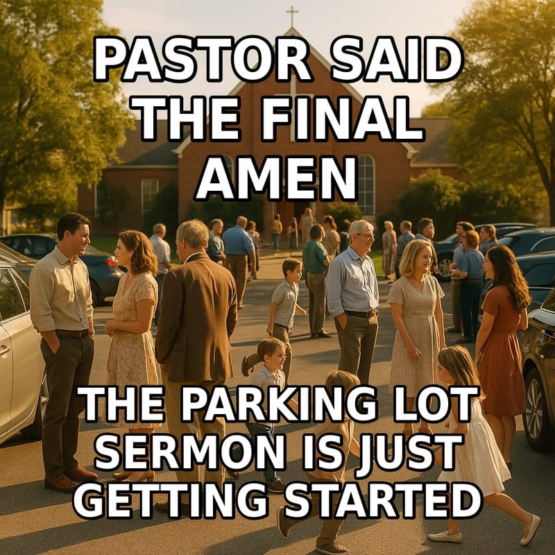 Families lingering and chatting beside their cars in a sunny church parking lot after service. Caption: "Pastor said the final amen The parking lot sermon is just getting started"