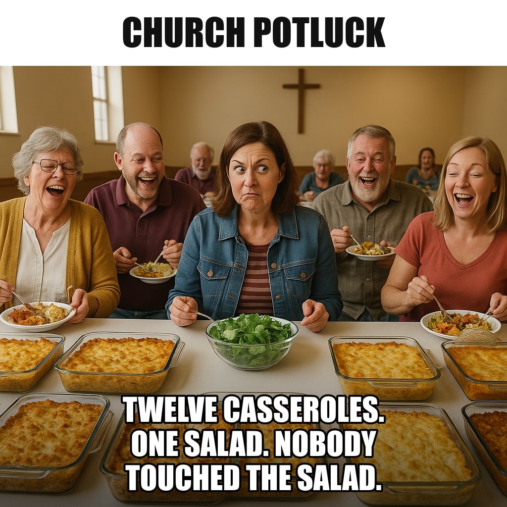 A long church fellowship hall table covered in casserole dishes and one lonely untouched green salad in the middle, cheerful people with full plates. Caption: "Church potluck Twelve casseroles. One salad. Nobody touched the salad."