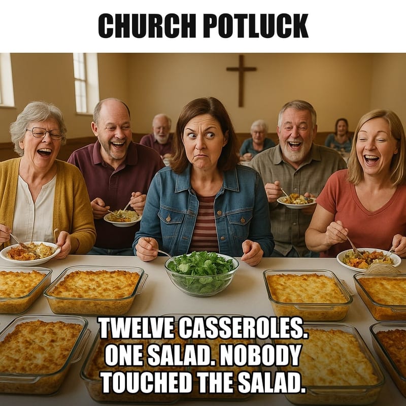 A long church fellowship hall table covered in casserole dishes and one lonely untouched green salad in the middle, cheerful people with full plates. Caption: "Church potluck Twelve casseroles. One salad. Nobody touched the salad."