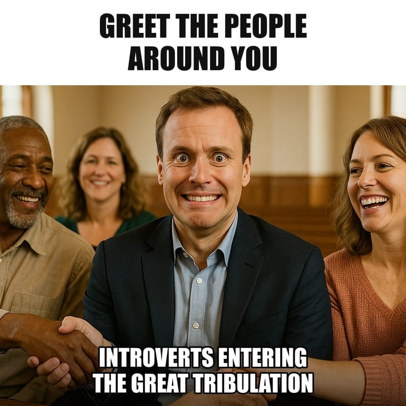 A man in a church pew with a stiff, panicked smile as cheerful neighbors on both sides turn toward him to shake hands. Caption: "Greet the people around you Introverts entering the great tribulation"