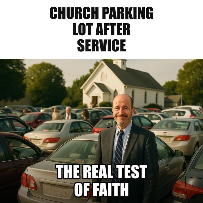 A crowded small church gravel parking lot with cars jammed in every direction, a man in his Sunday suit standing beside his blocked-in car, patiently smiling. Caption: "Church parking lot after service The real test of faith"