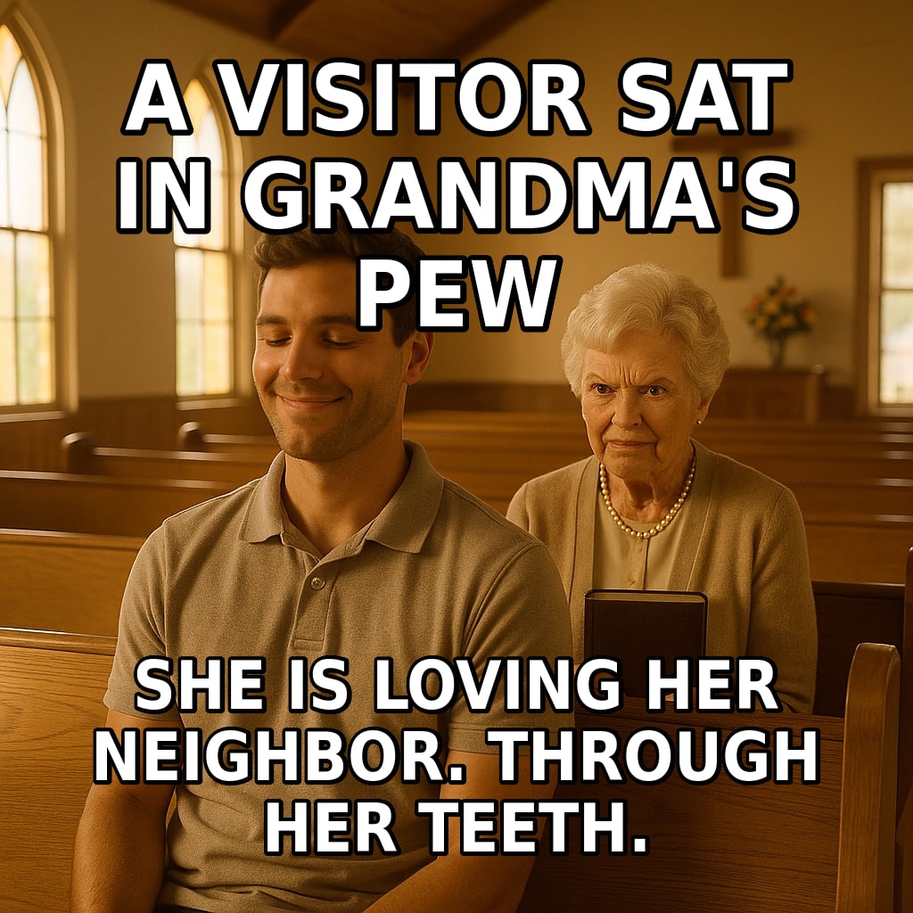An elderly woman in church smiles tightly with a clenched jaw at a relaxed young man sitting in the end seat of the pew in front of her. Caption: "A visitor sat in Grandma's pew She is loving her neighbor. Through her teeth."