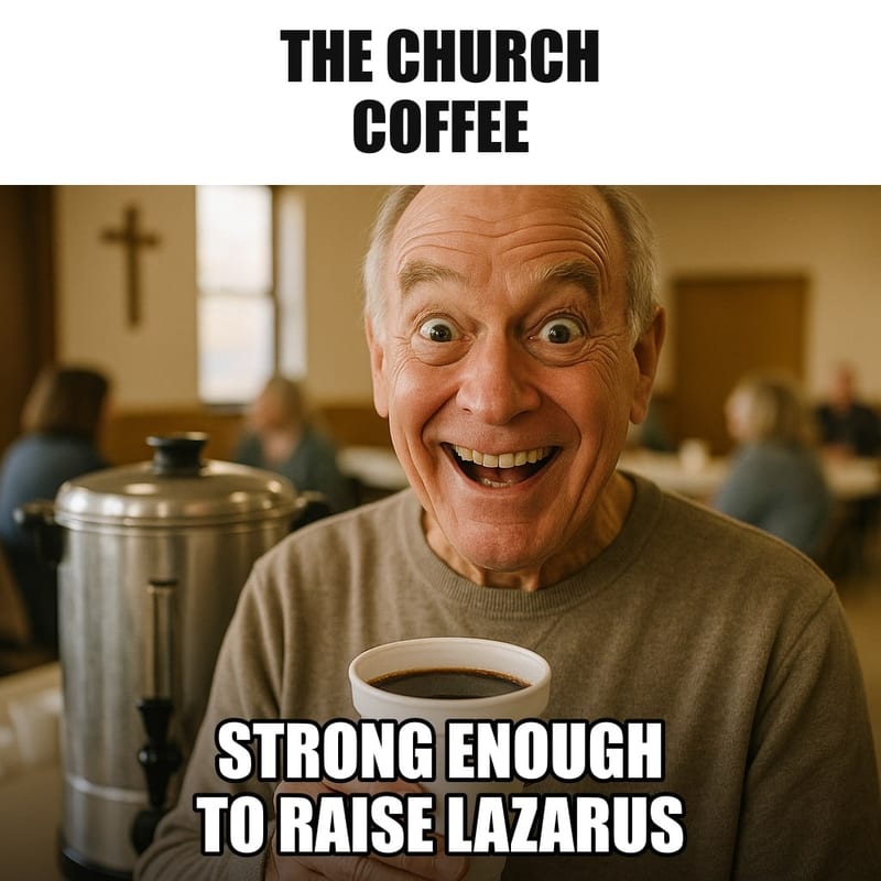 A smiling older man in a church fellowship hall holding a styrofoam cup of very dark coffee, eyes wide open and energized, a big metal coffee urn behind him. Caption: "The church coffee Strong enough to raise Lazarus"