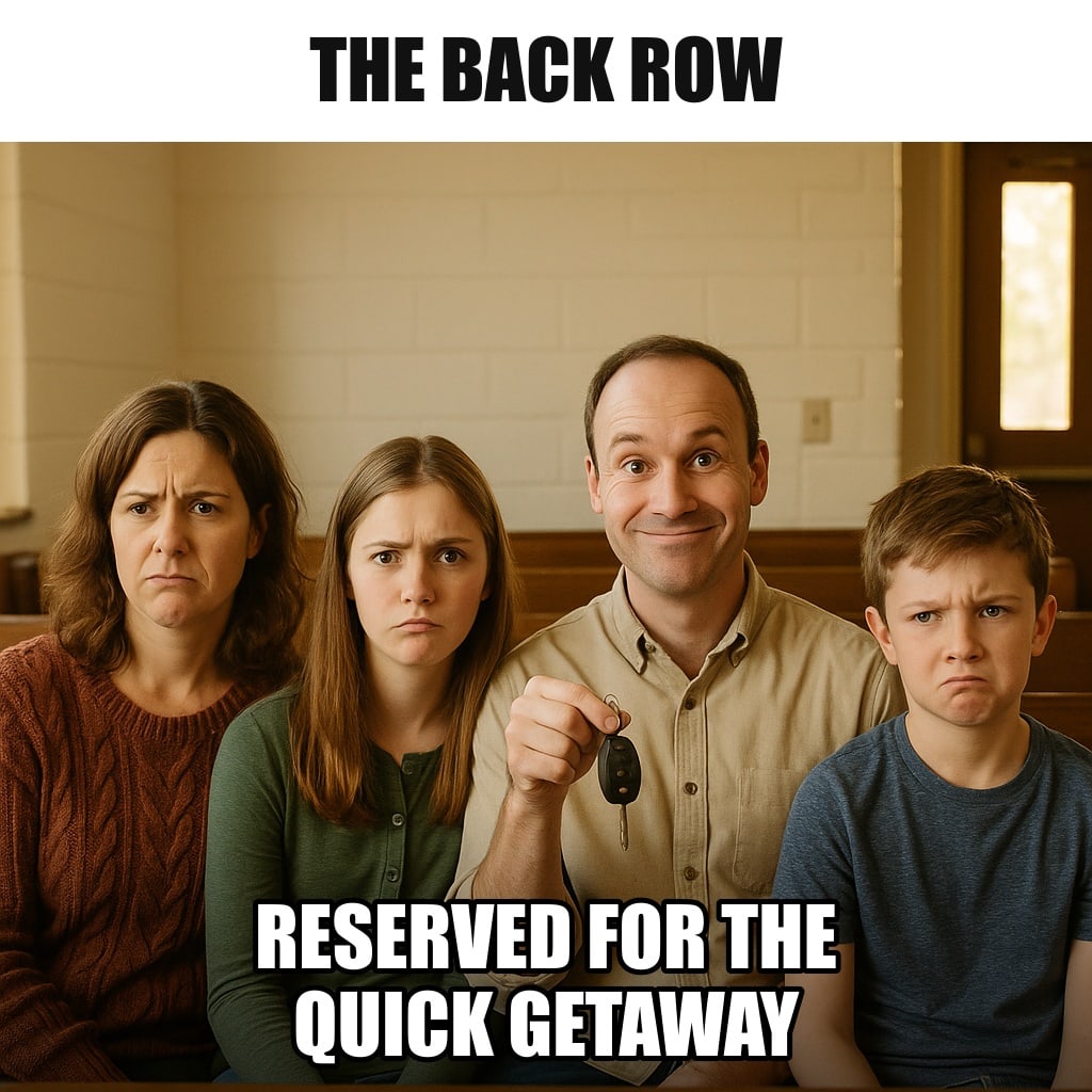 A family sitting in the very back pew of a church right beside the exit door, the dad already holding the car keys, smiling innocently. Caption: "The back row Reserved for the quick getaway"