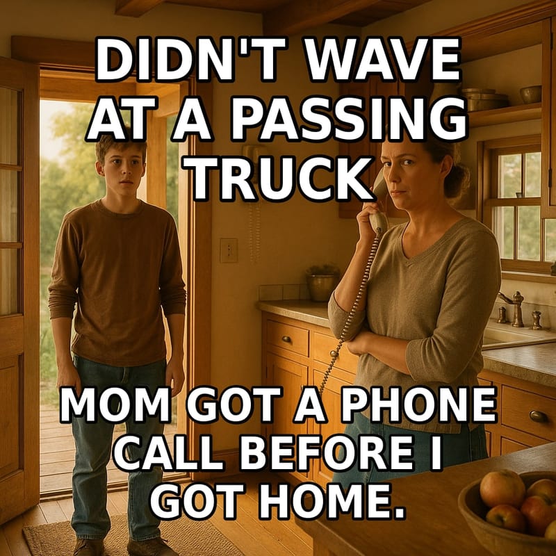 A mother on a corded kitchen phone stares knowingly at her teenage son as he freezes in the doorway. Caption: "Didn't wave at a passing truck Mom got a phone call before I got home."