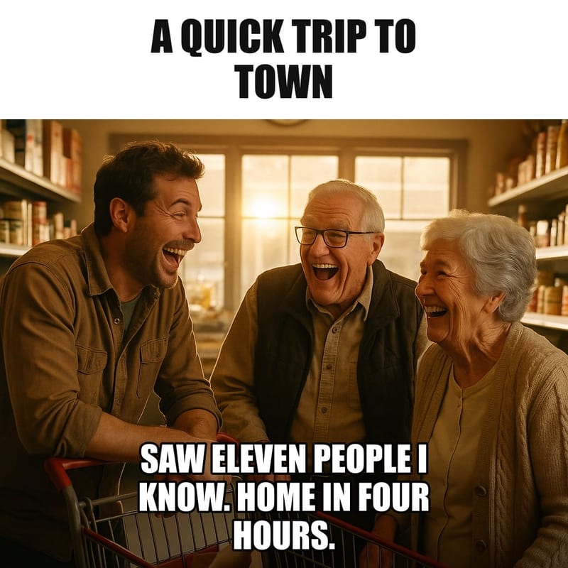A man in a small-town general store aisle leaning on his cart deep in cheerful conversation with an older couple, a clock-like afternoon sun through the windows. Caption: "A quick trip to town Saw eleven people I know. Home in four hours."