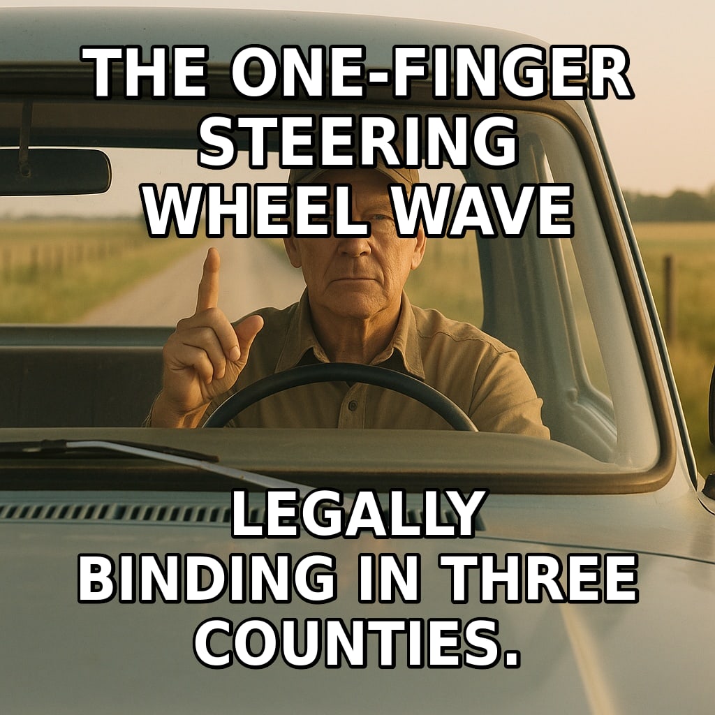 A farmer driving a pickup down a gravel road lifts one finger off the steering wheel in a solemn wave. Caption: "The one-finger steering wheel wave Legally binding in three counties."