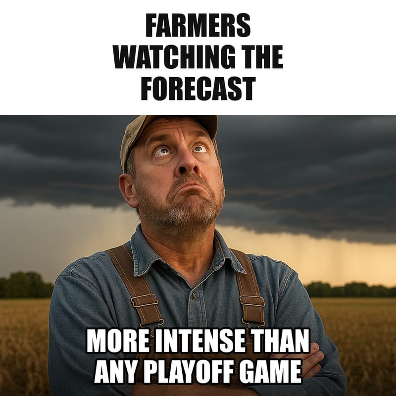 A farmer standing in his field with arms crossed, staring up at the sky with intense concentration, a line of rain clouds on the horizon. Caption: "Farmers watching the forecast More intense than any playoff game"