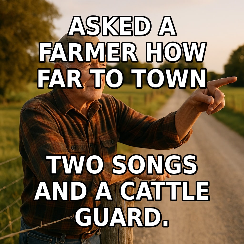 An older farmer leans on a fence post and points confidently down a gravel road. Caption: "Asked a farmer how far to town Two songs and a cattle guard."