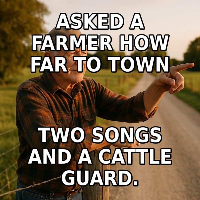 An older farmer leans on a fence post and points confidently down a gravel road. Caption: "Asked a farmer how far to town Two songs and a cattle guard."
