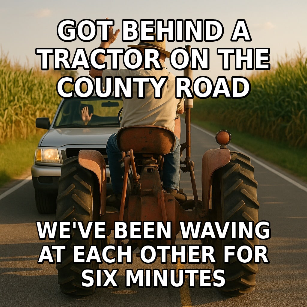 An older man on a slow tractor turns to wave at the patient pickup driver behind him on a country road. Caption: "Got behind a tractor on the county road We've been waving at each other for six minutes"