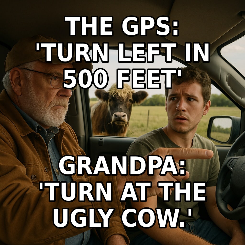 A grandfather in a pickup points confidently at a scruffy, funny-looking cow in a pasture while the young driver looks confused. Caption: "The GPS: 'Turn left in 500 feet' Grandpa: 'Turn at the ugly cow.'"