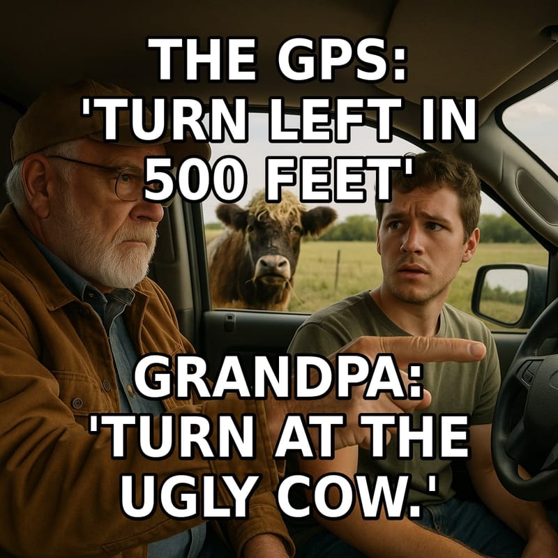 A grandfather in a pickup points confidently at a scruffy, funny-looking cow in a pasture while the young driver looks confused. Caption: "The GPS: 'Turn left in 500 feet' Grandpa: 'Turn at the ugly cow.'"