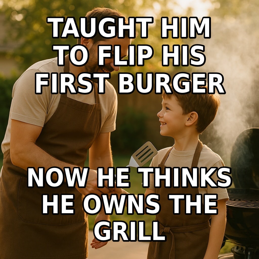A father hands a spatula to his young son at a backyard grill in warm afternoon light. Caption: "Taught him to flip his first burger Now he thinks he owns the grill"